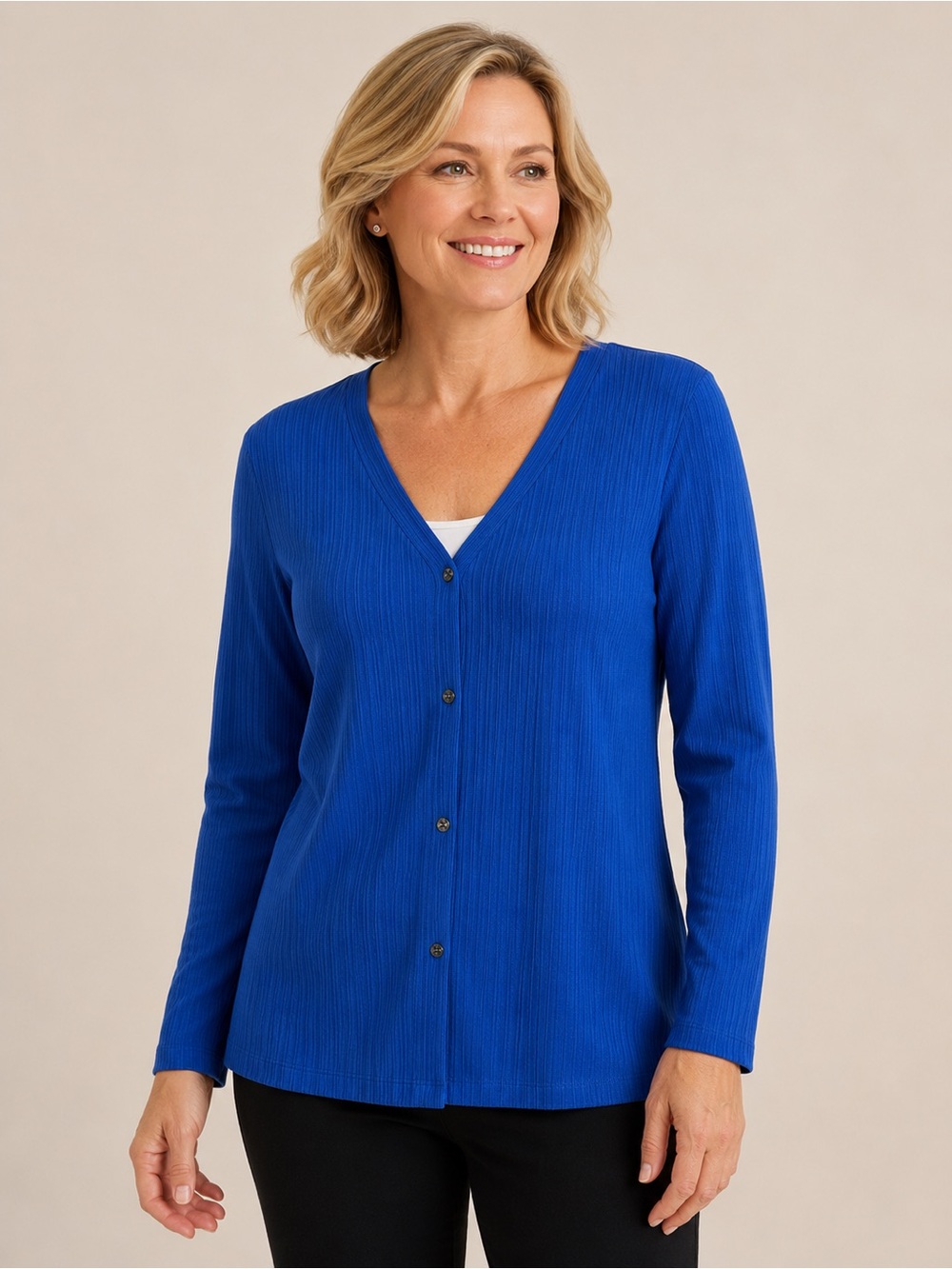 Susan Graver Blue Ribbed‎ Button Front Cardigan Large Classic Minimalist Career